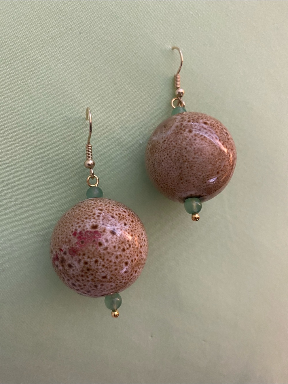 Handcrafted Brown Ceramic Bead Drop Earrings with Green Accents